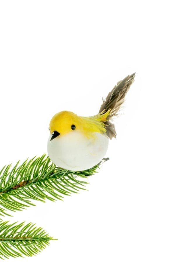 Yellow / White Feather Bird Clip Ornament with Brown Tail