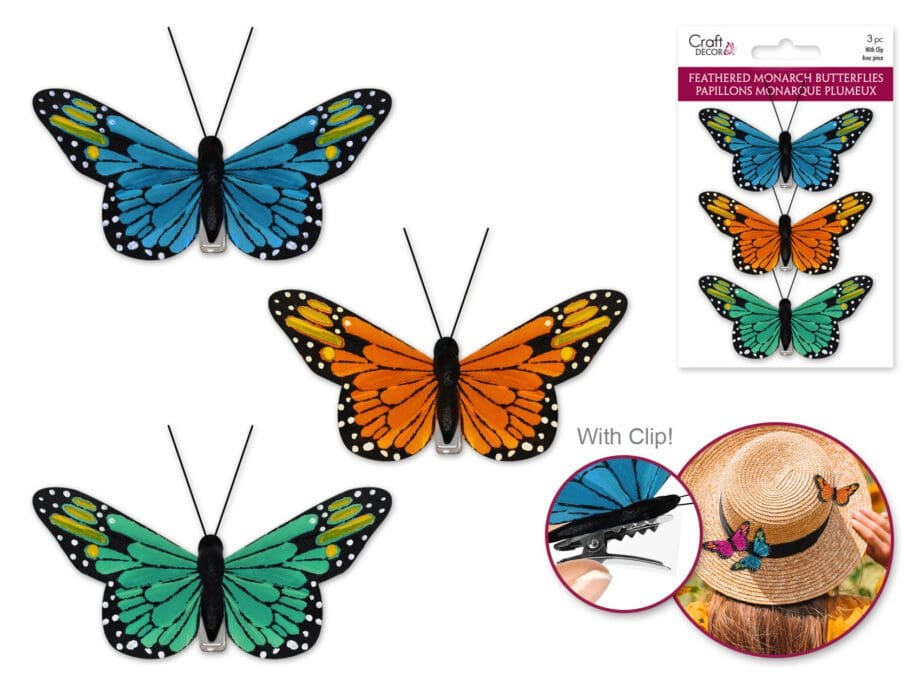 3.25" Feathered Monarch Butterflies with Gator Clip - Glam Set of 3