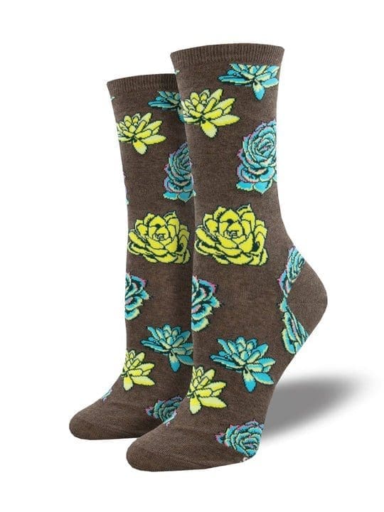 "Succulents" Women's Novelty Crew Brown Socks