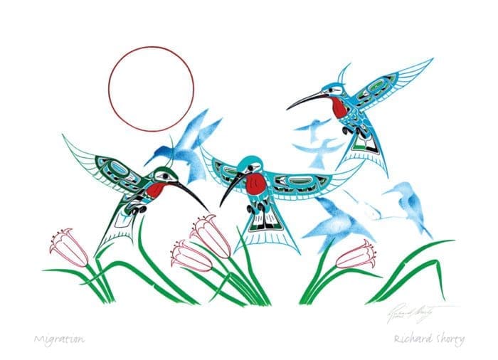 "Migration" Hummingbirds 14.25" x 12" Framed Art Print by Artist Richard Shorty