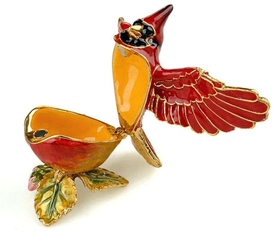 2.7" Red flying cardinal crystal studded jewelry trinket box