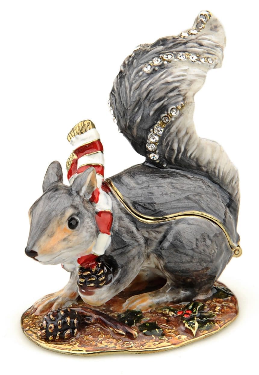 3.8" Christmas squirrel crystal studded jewelry trinket box