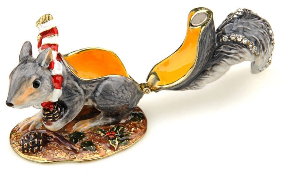 3.8" Christmas squirrel crystal studded jewelry trinket box