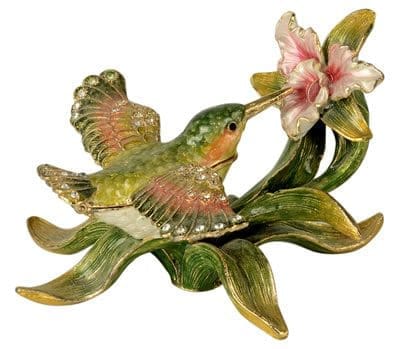 3.75" green & mauve hummingbird with flower crystal studded jewelry trinket box