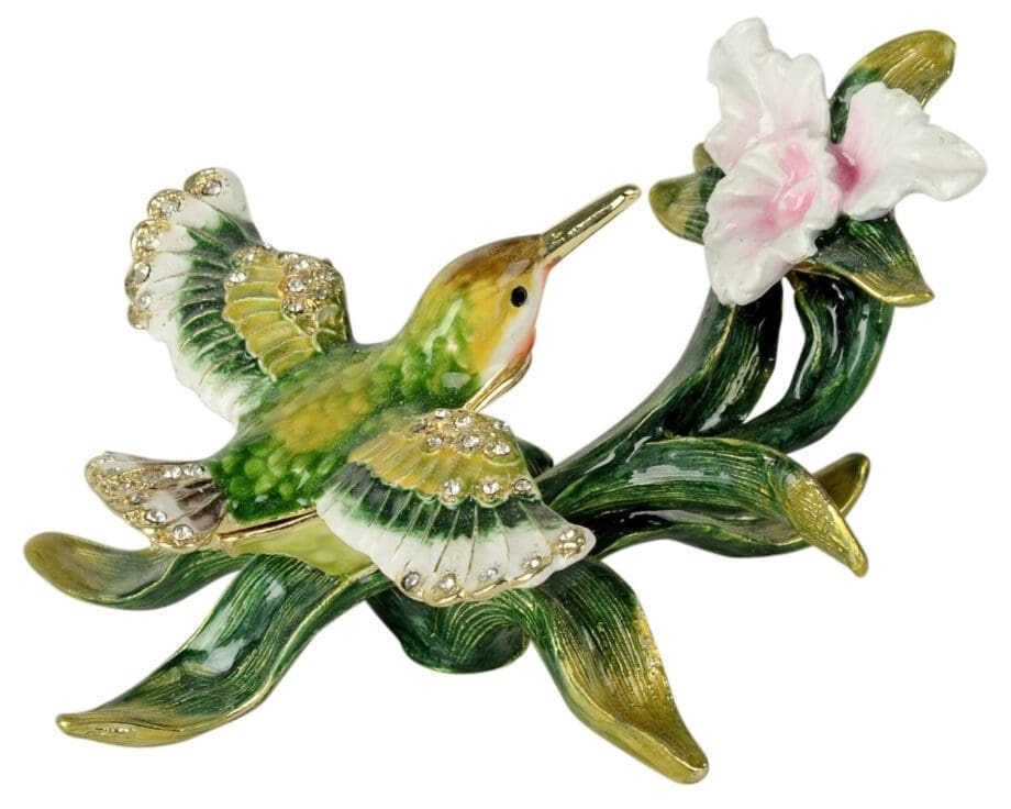 4.4" teal hummingbird with flower crystal studded jewelry trinket box