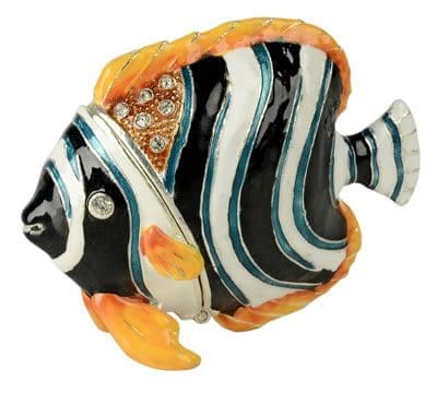 3.2" Striped Black & White Butterfly Fish Crystal Studded Jewelry Trinket Box