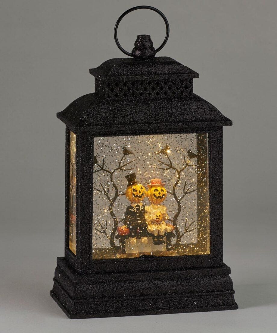 10.4" Pumpkin Pair Sitting on Park Bench LED Water Lantern with Projector