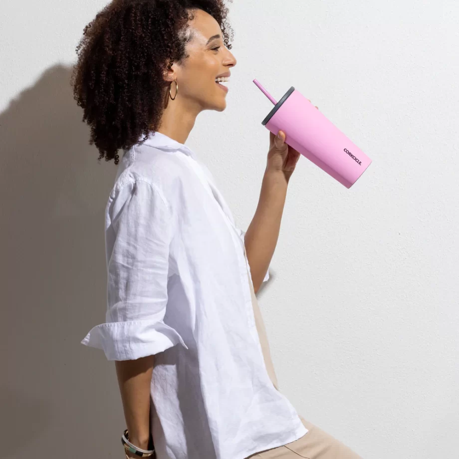Corkcicle 24 oz Cold Cup Sun-Soaked Pink Tumbler with straw