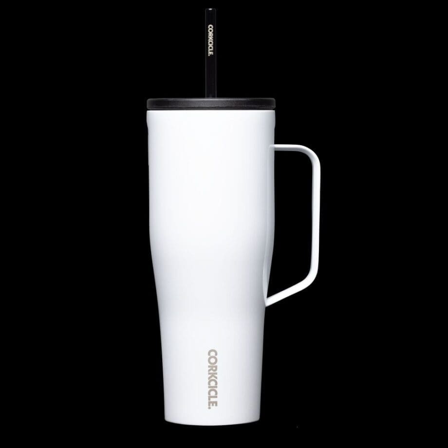 Corkcicle 30 oz Cold Cup XL Gloss White Tumbler with Handle and Straw